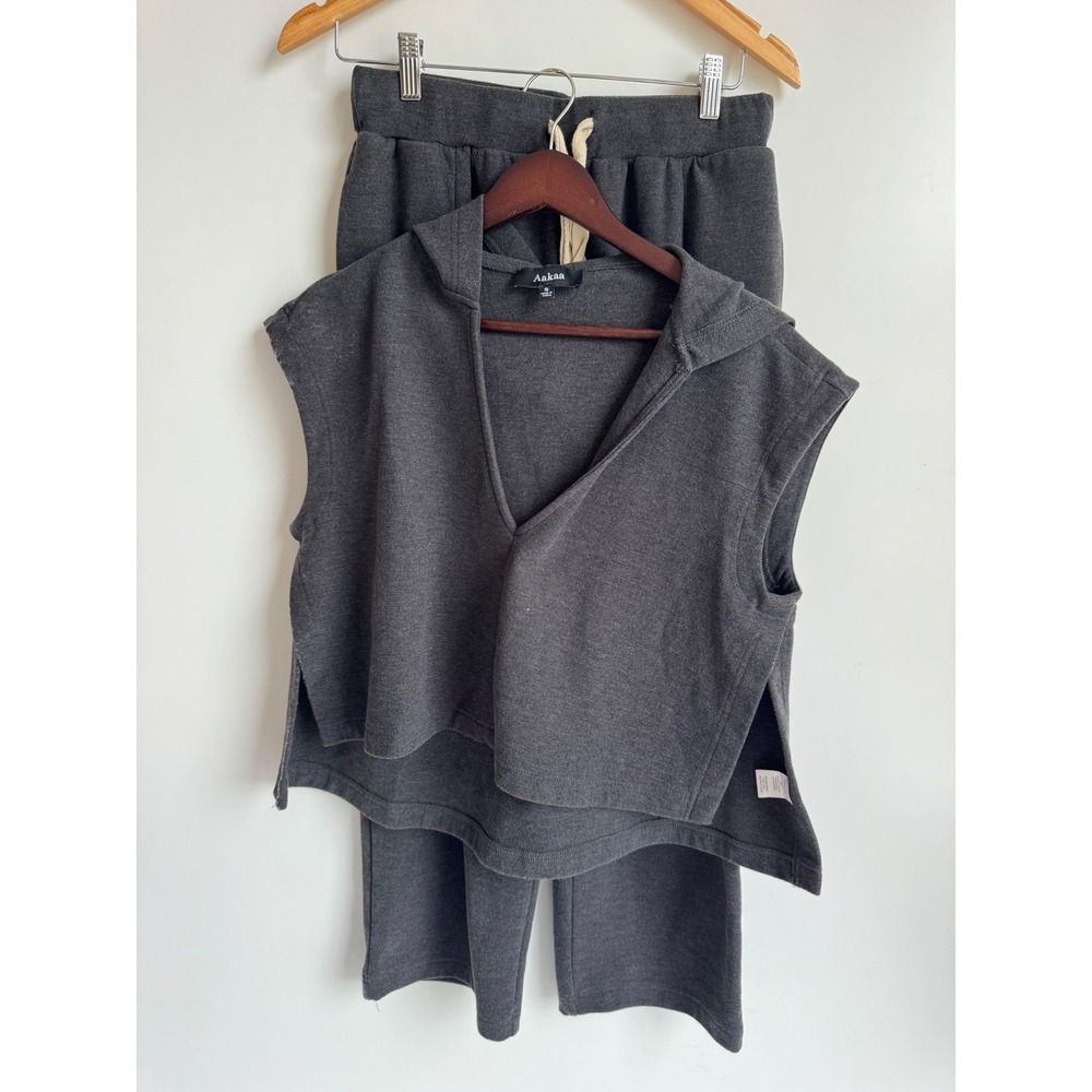 Aakaa Womens Charcoal Gray 2 Piece Lounge Set Sleeveless Crop Hoodie Wide Leg S